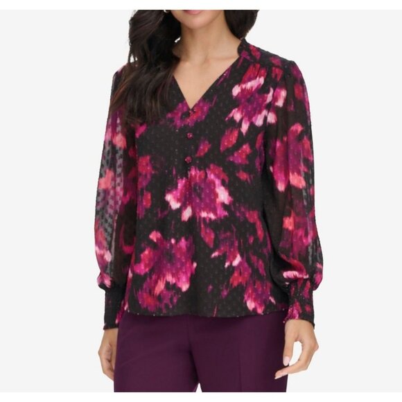 Calvin Klein Womens Printed V Neck Long Sleeve Blouse Black Multi XL NWT - Picture 1 of 2